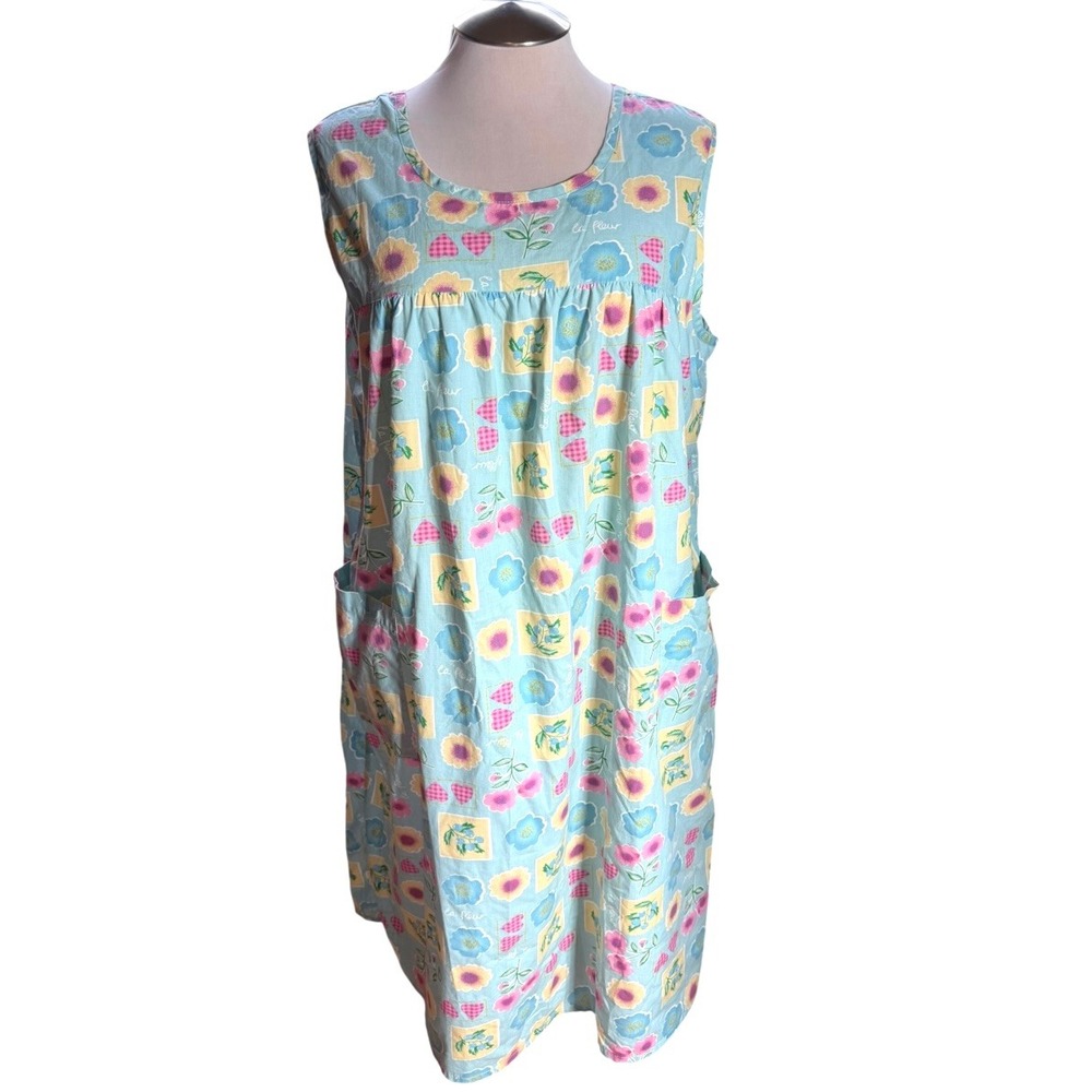 Only Necessities Blue Floral Hearts Muumuu House Dress Sleeveless Lounger 1X